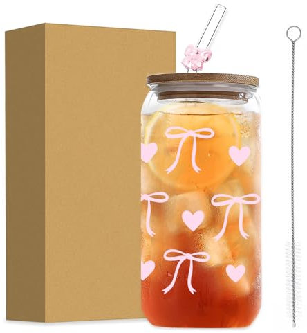 Onperpoe Glass Cups with Lids and Straws, Pink Bow 16 oz Iced Coffee Cup, Versatile and Stylish Bubble Tea Cup, Cute Glass Cup for Bubble Tea, Coffee or Cocktail