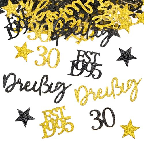 MEJOSER 150 Stück 30 Geburtstag Mann Frau Deko Konfetti Tischdeko 30. Geburtstag Frauen Männer Glitzer Streudeko Schwarz Gold 1995 Deko Geburtstagsdeko 30 Jahre 30er Tisch Geschenk (30)