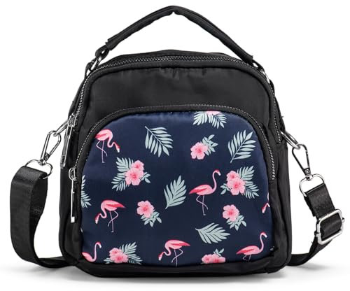 LaRechor Damen Umhängetasche Kleine Handtasche Schultertasche Vielen Fächern Nylon Damentaschen Flamingo Tasche mit Henkel Mini Rucksack