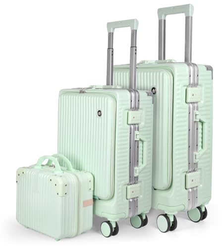 MERCURY TEXTIL-Juego de 3 Maletas de Viaje (Verde) | Cabina,Grande y Neceser Policarbonato y ABS.Maletas Multifunción USB,Múltiples Compartimientos Bolsillo Frontal y Portavasos