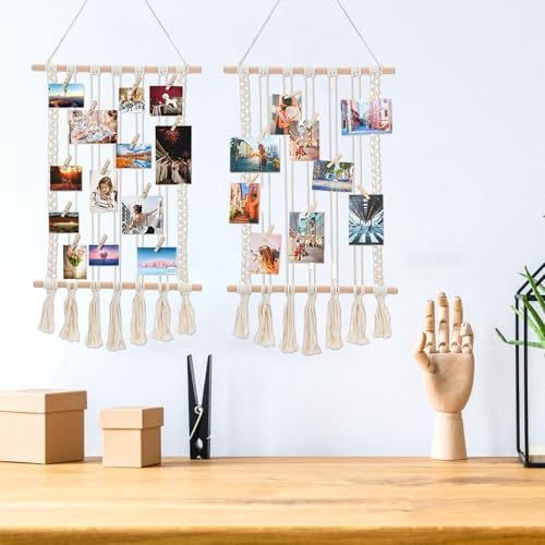 Polegas 2 Stück Foto Hängendes Makramee, Fotowand mit 60 Holzclips und 4 Spurlosen Nägeln, Boho Deko für Wohnkultur, Schlafzimmer