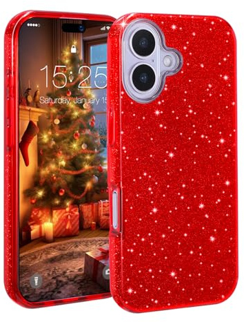 MATEPROX Handyhülle Kompatibel mit iPhone 17, Glitzernde 3-Schicht Schutzhülle für Mädchen und Frauen, Stoßfest und Kratzfest, Trendy Hülle für iPhone 17 6,3'' 2025-Rot