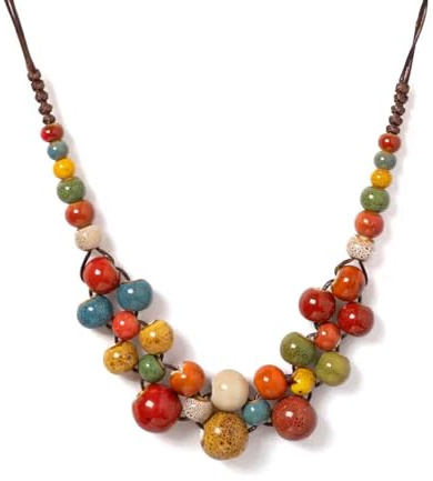 GlamRays Boho Hippie Halskette für Frauen Handgefertigt Bunte Keramik Perlen Statement Schmuck Sommer Strand Festival Accessoire Leicht Verstellbar