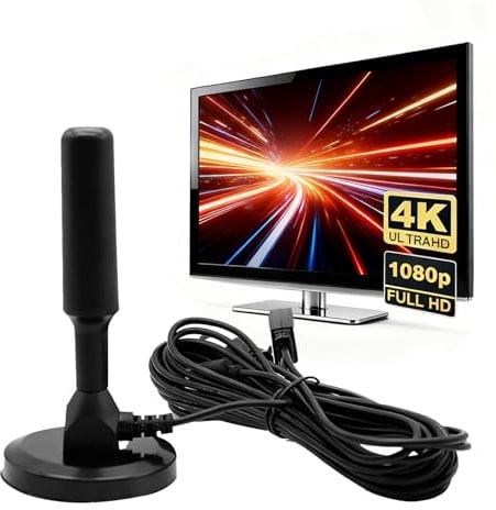 Antenna TV interna potente, 2025 Antenna interna TNT, cavo coassiale da 5 m, ricezione canali locali gratuiti a lunga distanza 500 km, 360 gradi senza angolo morto, compatibile con 4K 1080P