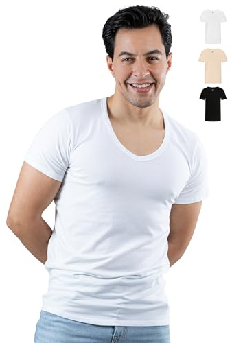 SKIPPER Pack de 3 Camisetas Hombre Stretch Cuello V Profundo – Camisetas Interiores Slim Fit de Algodón Elástico, Invisibles Bajo Camisa, Blanco Negro Beige y Pack Mixto, S–3XL