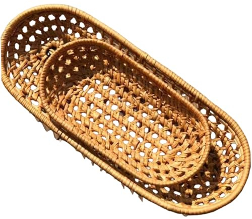 2Pcs Oval Wicker Bread Baskets, Narrow Woven Rattan Serving Trays for Fruit, Snacks, Baguettes, 6.9 & 10.4 Inch