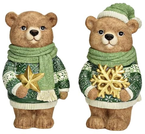Seyila Home Dekofigur Bär mit Schneeflocke & Stern – 2er-Set, Grün/Natur, 18 cm – Weihnachtsfigur aus Polyresin