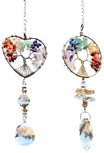SiumPklay 2-Pack Tree of Life Suncatchers with Crystals | Heart & Circle Window Ornaments | Spiritual Gifts for Women, Rainbow Makers for Home Decor
