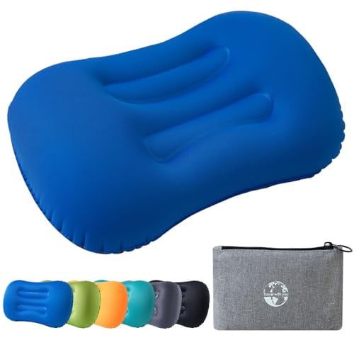 JetsCush Camping Pillow Inflatable Lightweight Travel Pillow Blue | Compact Ergonomic Packable Ultralight Air Pillow Packs Small for Camping Backpacking Hiking Travel Beach