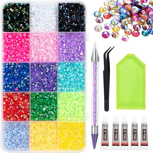 15 Colors 3MM Rhinestone for Bedazzling Kit with 5pcs Glues and Tools | 15000Pcs Nail Gems for Crafts Bling with 5Pcs B7000 Glue, Tweezer & Pen, Bedazzling Crystal Gems Jewels