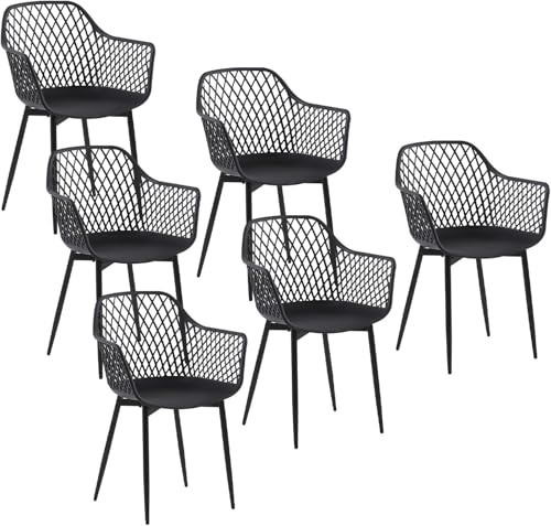 buybyroom Chaise de Jardin Exterieur, Lot de 6 Chaise Plastique avec Accoudoir et Pied en Métal, Fauteuil Jardin Exterieur pour Terrasse, Balcon, Salle a Manger, Salon, Dossier à Design Ajouré, Noir