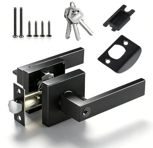 BJHYIZ Black Door Lever Handle Lock, 35-50mm Door Handles with Lock and Key Square Entry Doors Handle Privacy Locks for Bedroom Bathroom Office Right Left