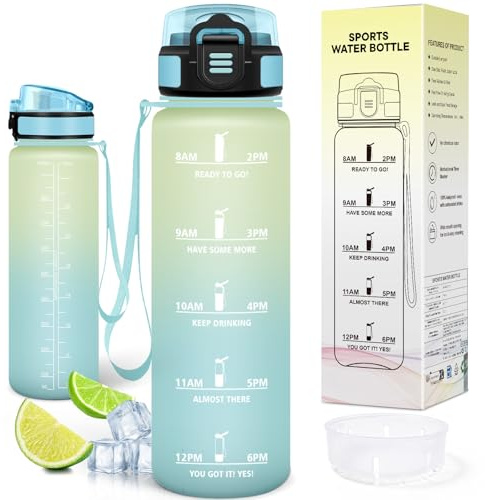 Motswedi Gourde Sport 1L, Bouteille d'eau avec Marqueur de Temps, Réutilisable, Gourde Sport, Anti-Fuite, Bouteille Plastique 1l, pour Fitness, Sport, Yoga, Randonnée, Blanc cassé & Bleu clair