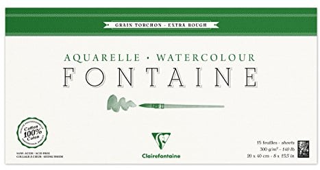 Clairefontaine 96438C Malblock, 4-seitig verleimt Aquarellpapier Grobkorn Torchon, Fontaine/Hadern, 20 x 40 cm Panorama-Format, 15 Blatt, 300 g Packung, weiß