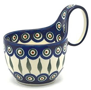 Polish Pottery Soup Bowl with Loop Handle - Peacock