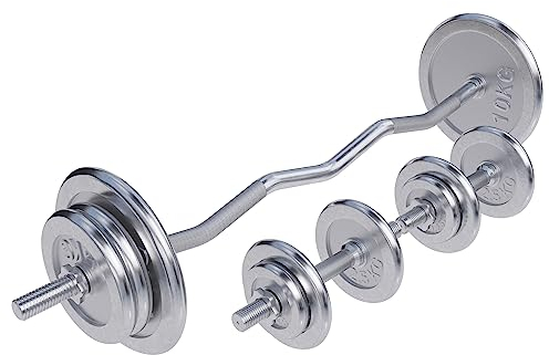 GORILLA SPORTS® Hantelset 70kg - 4x1,25kg, 4x2,5kg, 4x5kg, 2x10kg Gewichte, SZ Curlstange 120cm, 2 Kurzhanteln, 30mm, 6 Sternverschlüsse, gerändelt, Chrom - SZ-Stange, Langhantel Set, Langhantelstange