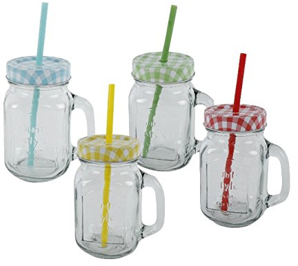 Trinkglas mit Deckel & Strohhalm 4er Set Trinkgläser mit Henkel