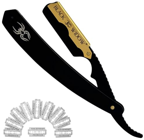 Black Widow Professional Straight Razor – Matte Black & 24K Gold plated finish Barber Razor for Men – Swing Lock Grip, Stainless Steel Shavette for Barbers & Beginners pack of 10 blades