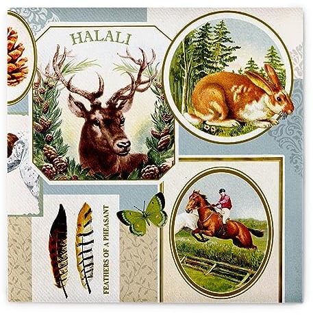 Sovie HOME Serviette FRITZ aus Linclass Airlaid, 40x40cm, 12 Stück, 1/4 Falz, Jagddesign mit Hirsch, Kaninchen, Reiter zu Pferd, stoffähnliche Einwegserviette, Jagdgesellschaften