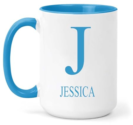 grabmybits Jessica Personalized Initial Mug - Custom Name Ceramic Cup for Tea or Coffee Gift - Blue