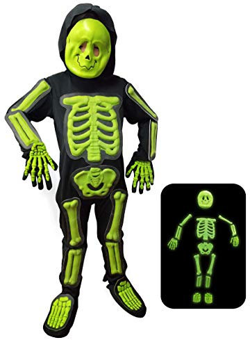 IKALI Halloween Skelett Kostüm Kinder Jungen, Glow in the Dark Glühen im Dunkeln Knochen Overall 6-teilig für Alter 7-8 Jahre