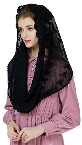 BEAUTELICATE Damen Mantilla Katholisch Schleier Spitze Kapelle Schal Stola Kopfbedeckung Spitze für Katholisch Kirche Latin Mass Kirche Hochzeit Braut V108, Schwarz
