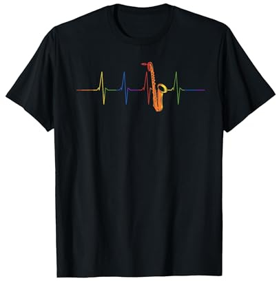 Regenbogen Herzschlag Jazz Musiker Herzlinie Saxophon T-Shirt