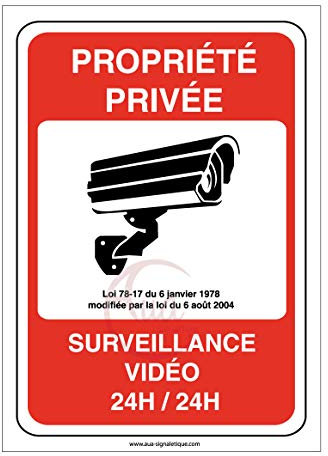 AUA SIGNALETIQUE - Autocollant Propriété privée sous surveillance vidéo 24H /24-75x105 mm, Vinyl adhésif