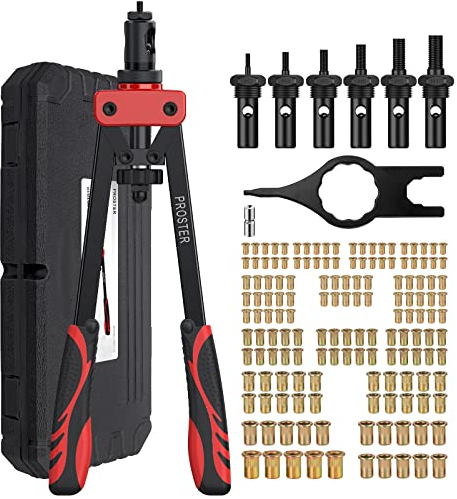 Proster Nietmutternzange Set 14 Professioneller Nietpistole Nietzange Set Doppelgriff Nietpistole mit 6 PCS Austauschbare Dorne Metrische M3 M4 M5 M6 M8 M10 und 150 PCS Nietmuttern -Rot