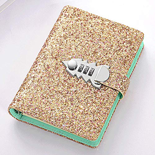 A6 nachfüllbares Binder Notebook PU Leder abschließbar Notebook Tagebuch Tagebuch Skizzenbuch Tagesplaner Agenda Notizblock mit Codeschloss, Stifthalter und Kartenfächern (Glitzer Gold)