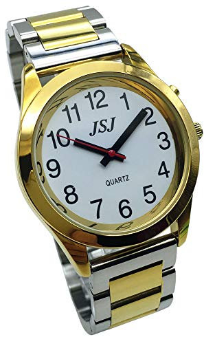 VISIONU Deutsch Sprechende Armbanduhr mit Wecker, Ansage von Uhrzeit und Datum, Weißes Ziffernblatt (Bicolor Metallband mit Faltschließe, 38 mm)
