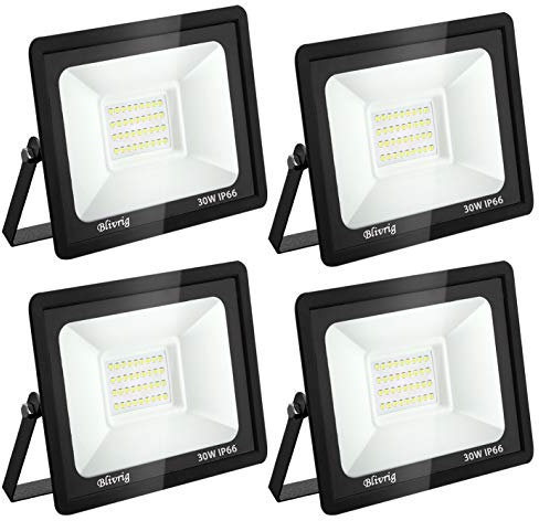 Blivrig 4PCS 30W Spot LED Extérieur Blanc Froid 6500K, 3000LM Projecteur LED Exterieur IP66 Imperméable, Eclairage LED, pour Terrasse, Patio, Chemins, Stades, Usines, Parking, Garage, Jardi