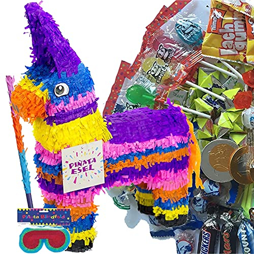 Pinata Set: * ESEL * + Maske + Schläger + 100-teiliger Süßigkeiten-Füllung No.1 von Carpeta© | Handgefertigte Pinata | Tolles Spiel für Kindergeburtstag und Motto-Party