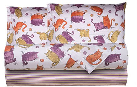 Smart Deco Home Completo letto lenzuola federe letto stampa fantasia 100% cotone Made in Italy MATRIMONIALE GATTI ARANCIONE