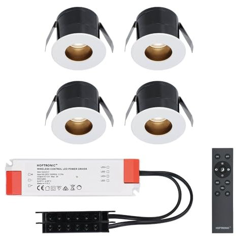 HOFTRONIC 4x Olivia - Mini LED Einbaustrahler 12v mit Trafo 3W - Dimmbar - für Badezimmer und Terrassendach - IP44 wasserdicht - Weiß - Lochmaß 40mm Einbautiefe 36mm - Blendfrei - innen und außen