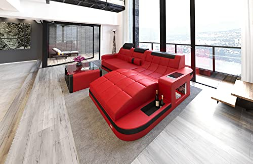Ledersofa Wave L Form Ecksofa Sofa in Leder - mit LED Beleuchtung, verstellbare Kopfstützen, Recamiere/Lederfarben wählbar/Ausrichtung wählbar (Ottomane rechts, Rot-Schwarz)