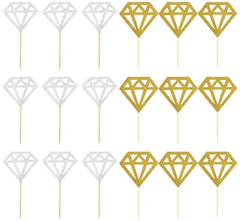 Glitzer Diamond Cupcake Toppers für Brautdusche Engagement Hochzeitsfeier Geburtstag für Donuts Diamond Donut Picks Kuchendekorationen (Silber + Gold) 60 PCs Kuchen Topper