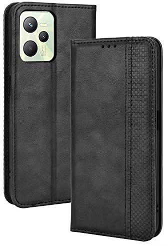 EASSGU Handyhülle für Realme C35 / Realme Narzo 50A Prime (6.6 Inches) Flip Folio PU Leder Magnetschalter Schutzhülle, [3 Kartenfach] [1 Wallet] Stand Case - Schwarz