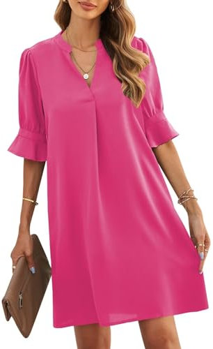 JOCAFIYE Lässiges Damenkleid, kurzärmelig, V-Ausschnitt, Sommerkleider für Damen 2025, B-Rose Pink, Klein