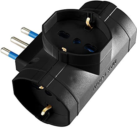 POLY POOL, PP2349.1X Adattatore Spina Italiana Grande Adattatore con 3 Prese Pluristandard 10-16A (Standard Italiano 10A e Tedesco 16A Terra Laterale) e Spina 16A Adattatore Multipresa di Colore Nero