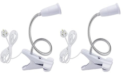OMIGA 2 Pcs E27 Lamp Holder Clip on Bedside Desk Light with 20 cm Cable Switch Standard Three Plug Light 360° Rotatable for Desk and Offices Garages Kitchens (Bulb not Included)