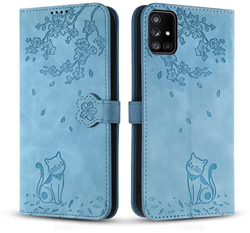 Vaitasy Coque pour Samsung Galaxy A51 4G, Mince Souple Cuir PU Étui avec Magnétique Flip Portefeuille Housse pour Galaxy A51 4g - Chat Bleu