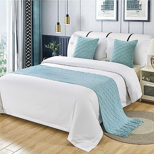 Morbuy Moderne Hotel Bettläufer Schals Quasten Schal Bettlaufer Bettschal Bettschwanz Handtuch Dekoration Für Einzel Queen King Size Bett Flagge (60x260cm für 200cm Bett,Hellblau)