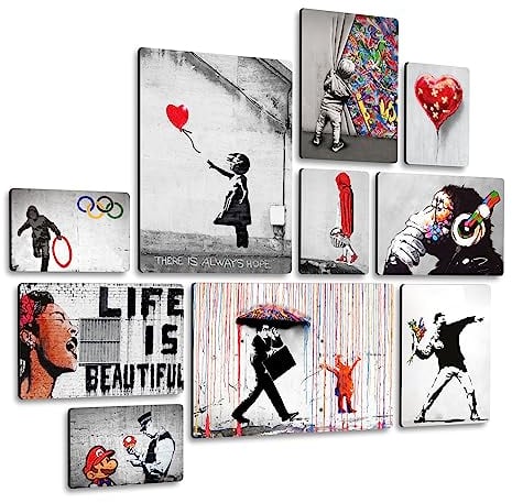 Giallobus - Satz von 10 mehrteiligen Gemälden - Banksy - Sammlung 1 - MDF-Holz - - 2 x 42x29,7cm - 4 x 29,7x21cm - 4 x 21x14,85cm - - Fertig zum Aufhängen – Gemälde