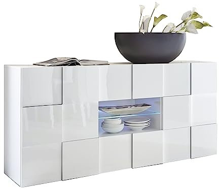 Mondo Viro Anrichte aus Holz Dama Wohnzimmermöbel mit 2 Türen und 2 Schubladen, 181 x 43 x 84 cm (weiß glänzend)