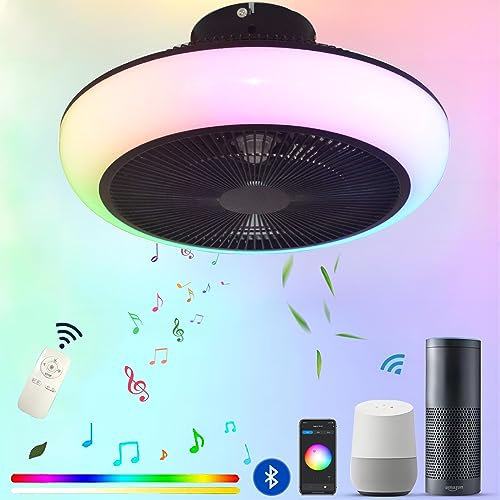 RGB Farben Deckenventilator mit Beleuchtung und Fernbedienung, 30W LED Leise Deckenventilator Licht mit Bluetooth Musik APP, 45CM Schwarz Deckenventilator Kompatibel mit Alexa und Google Assistant