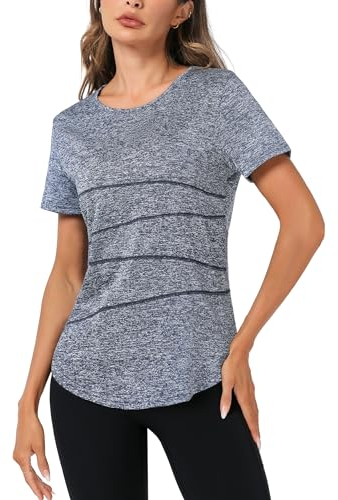 Terecey Sportshirt Damen Kurzarm Sport Tshirt Damen Fitness Rundhalsausschnitt Yoga Shirt Damen Locker für Gym Laufen Workout Navy Blau L