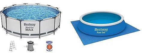BESTWAY 56418D - Piscina Desmontable Tubular Steel Pro MAX 366 x 100 cm, con Depuradora Cartucho 2.006 L/H y Escalera & 58003 - Tapiz de Suelo 488 x 488 cm, Multicolor