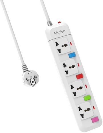 Mscien 4 Way Travel Extension Lead with 4 Independent Switches, Overload Protector UK to EU Power Strip With 1.8M Extension Cord (10A/2500W)
