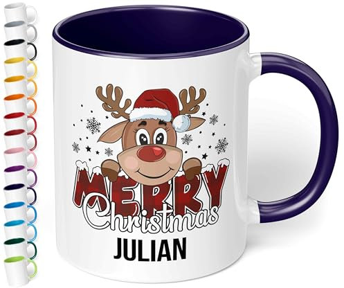 True Statements Weihnachtstasse mit Namen personalisiert „Merry Christmas“ - mit Rentier-Motiv - 330ml Keramik Kaffeebecher mit Spruch – Geschenk für Kollegen & Familie (Kobaltblau)